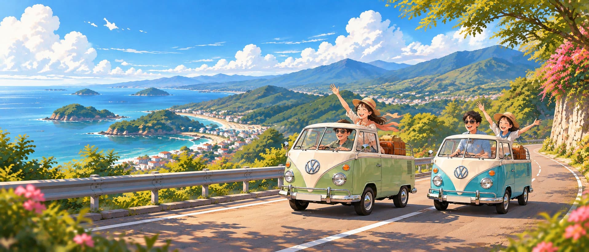 Illustrated airport hall, a traveller sets off on a holiday trip